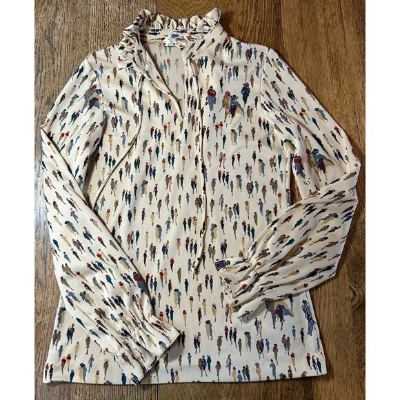 Vintage Mardi Modes NYC Tan Blouse People Strolling Ruffle Neck + Tie Sz 10 - Picture 1 of 7